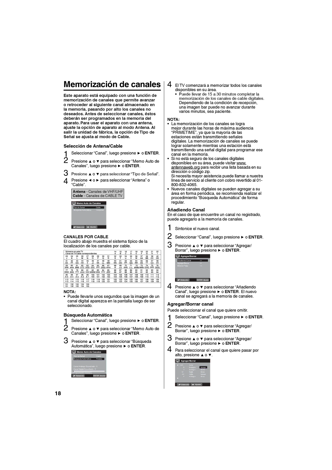 Sansui SLED3228 owner manual Memorización de canales, Selección de Antena/Cable, Búsqueda Automática, Añadiendo Canal 
