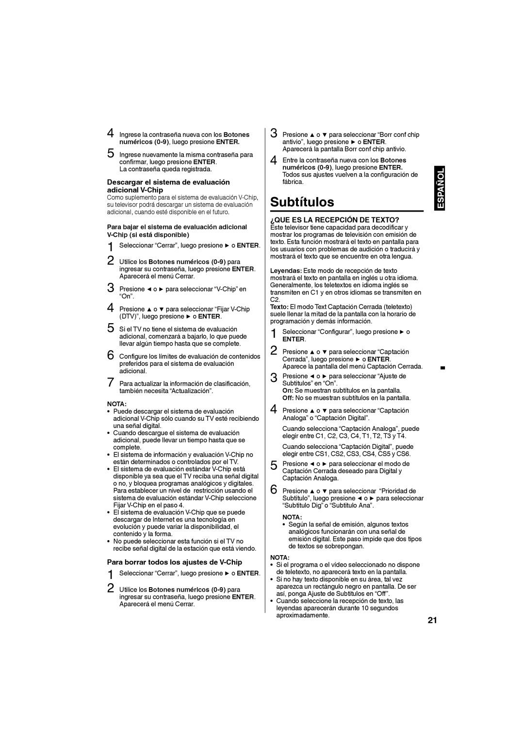 Sansui SLED3228 Subtítulos, Descargar el sistema de evaluación adicional V-Chip, Para borrar todos los ajustes de V-Chip 