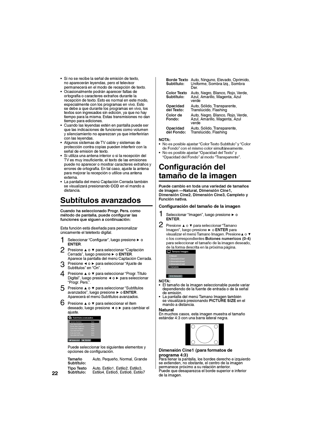 Sansui SLED3228 owner manual Subtítulos avanzados, Configuración del tamaño de la imagen, Natural 