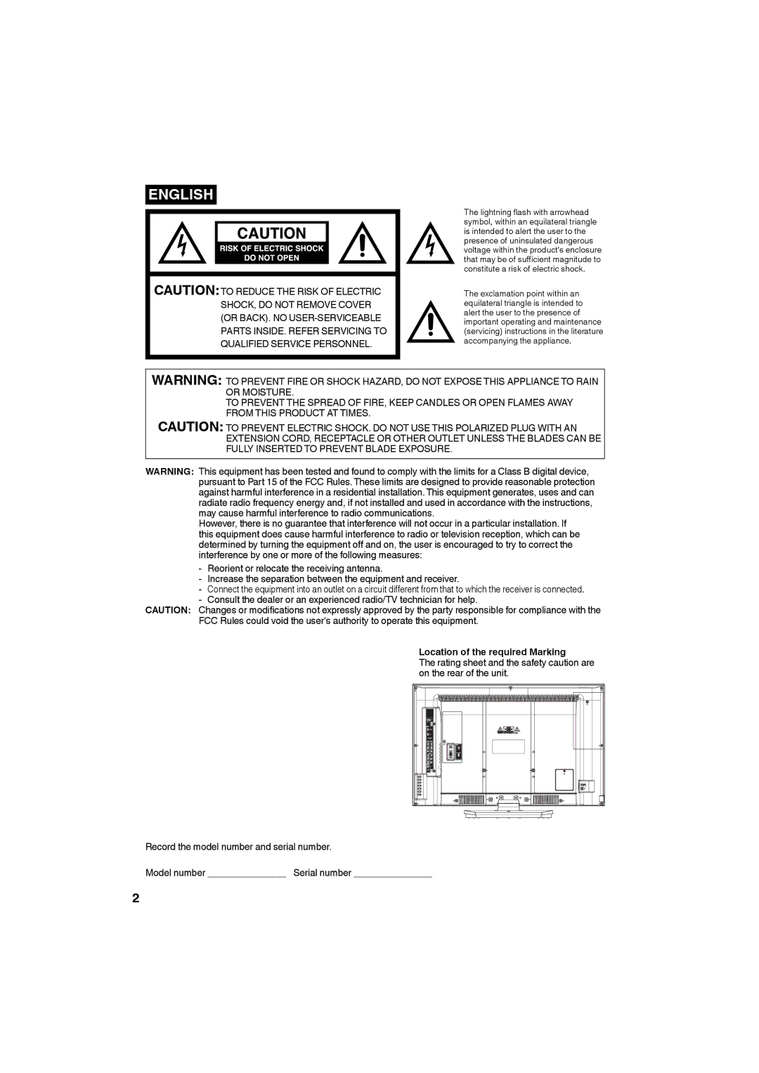 Sansui SLED3228 owner manual English, Location of the required Marking 