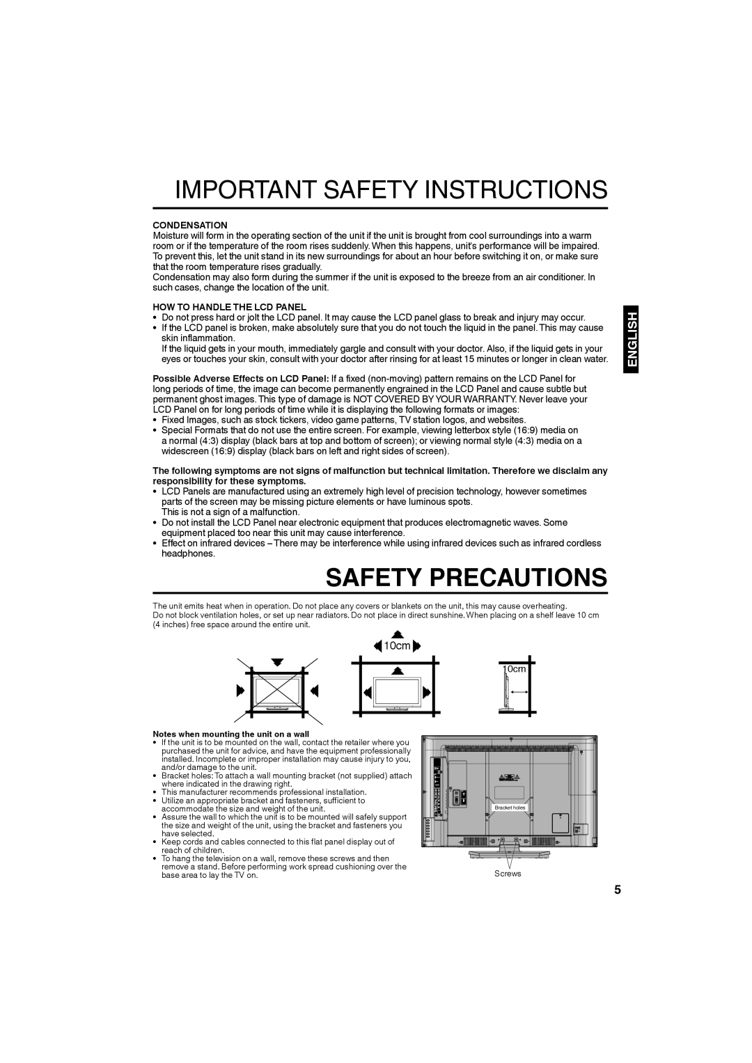 Sansui SLED3228 owner manual Condensation, HOW to Handle the LCD Panel 