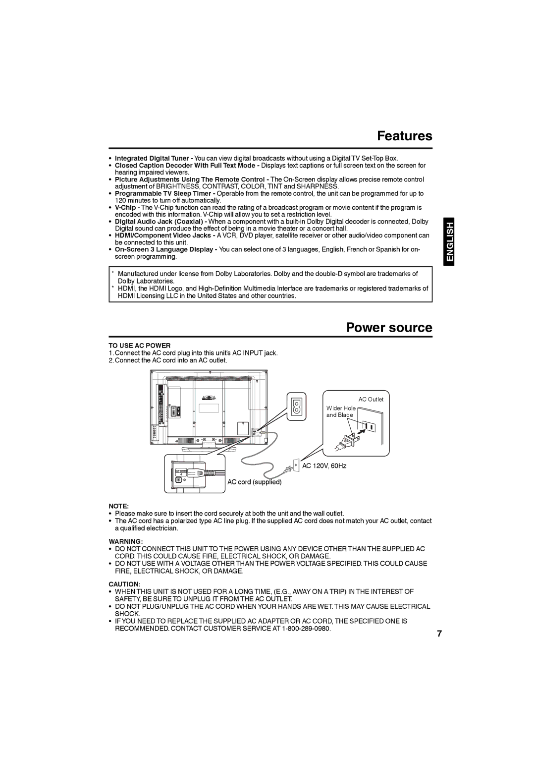 Sansui SLED3228 owner manual Features, Power source, To USE AC Power, SAFETY, be Sure to Unplug IT from the AC Outlet 