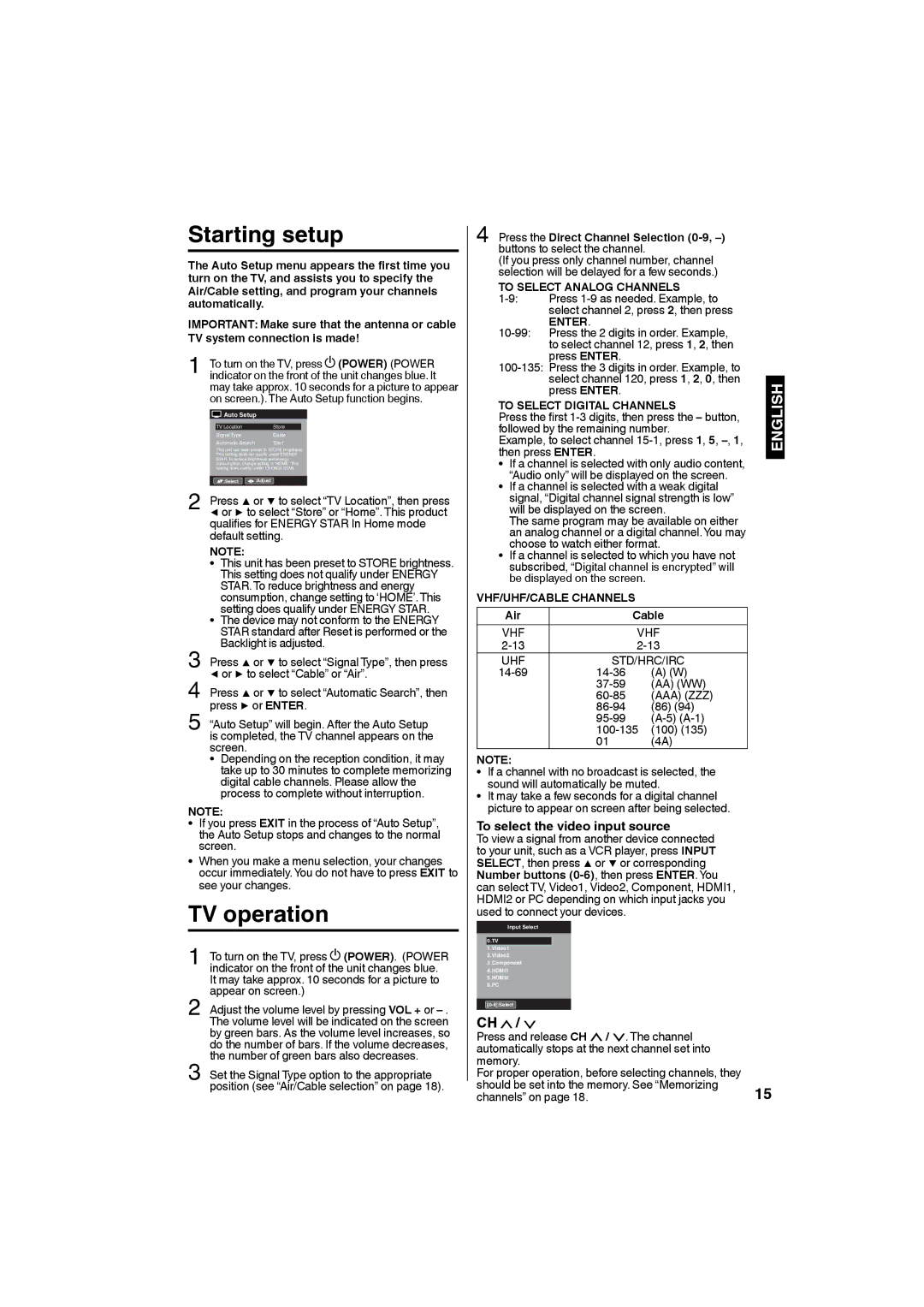 Sansui SLED3228 owner manual Starting setup, TV operation, To select the video input source 