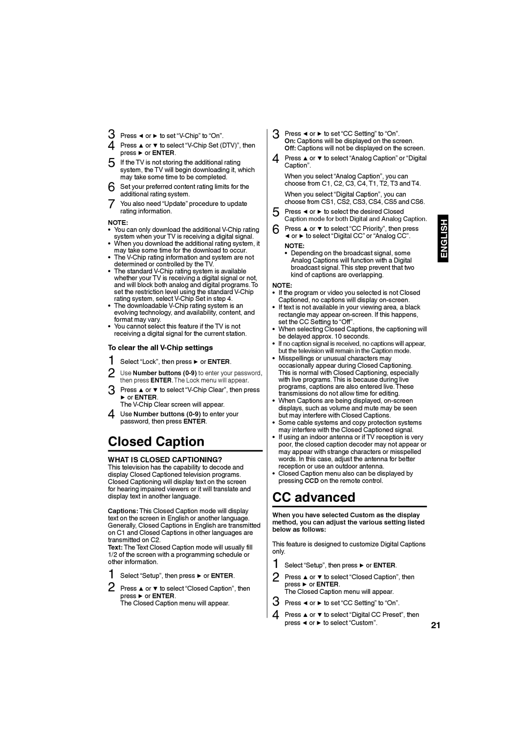 Sansui SLED3228 owner manual Closed Caption, CC advanced, To clear the all V-Chip settings, Or Enter 