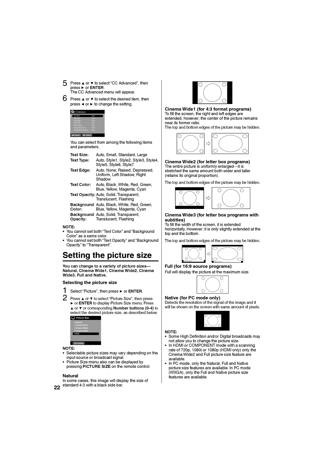 Sansui SLED3228 Setting the picture size, Selecting the picture size, Cinema Wide3 for letter box programs with subtitles 