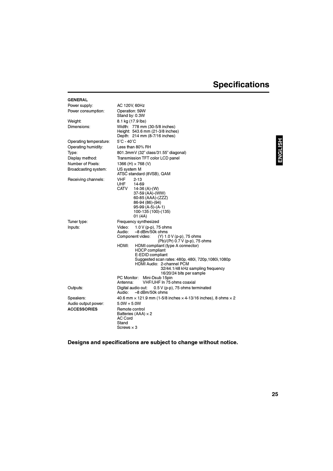 Sansui SLED3228 owner manual Specifications, General, Accessories 