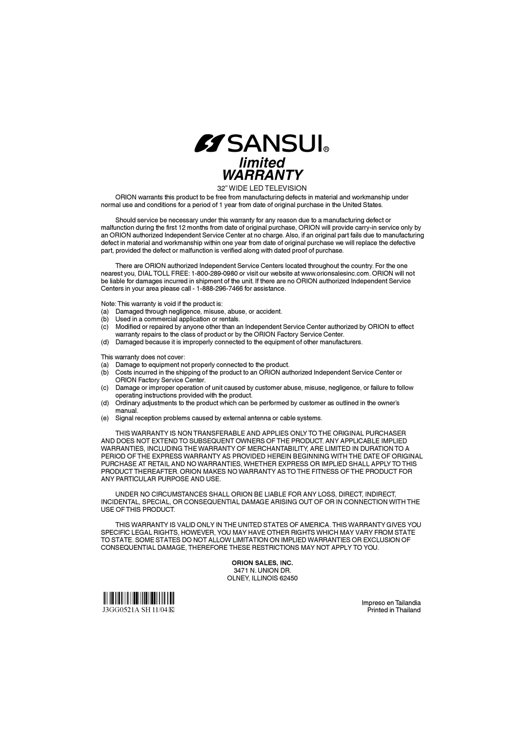 Sansui SLED3228 owner manual Orion SALES, INC N. Union DR, OLNEY, Illinois, Impreso en Tailandia 