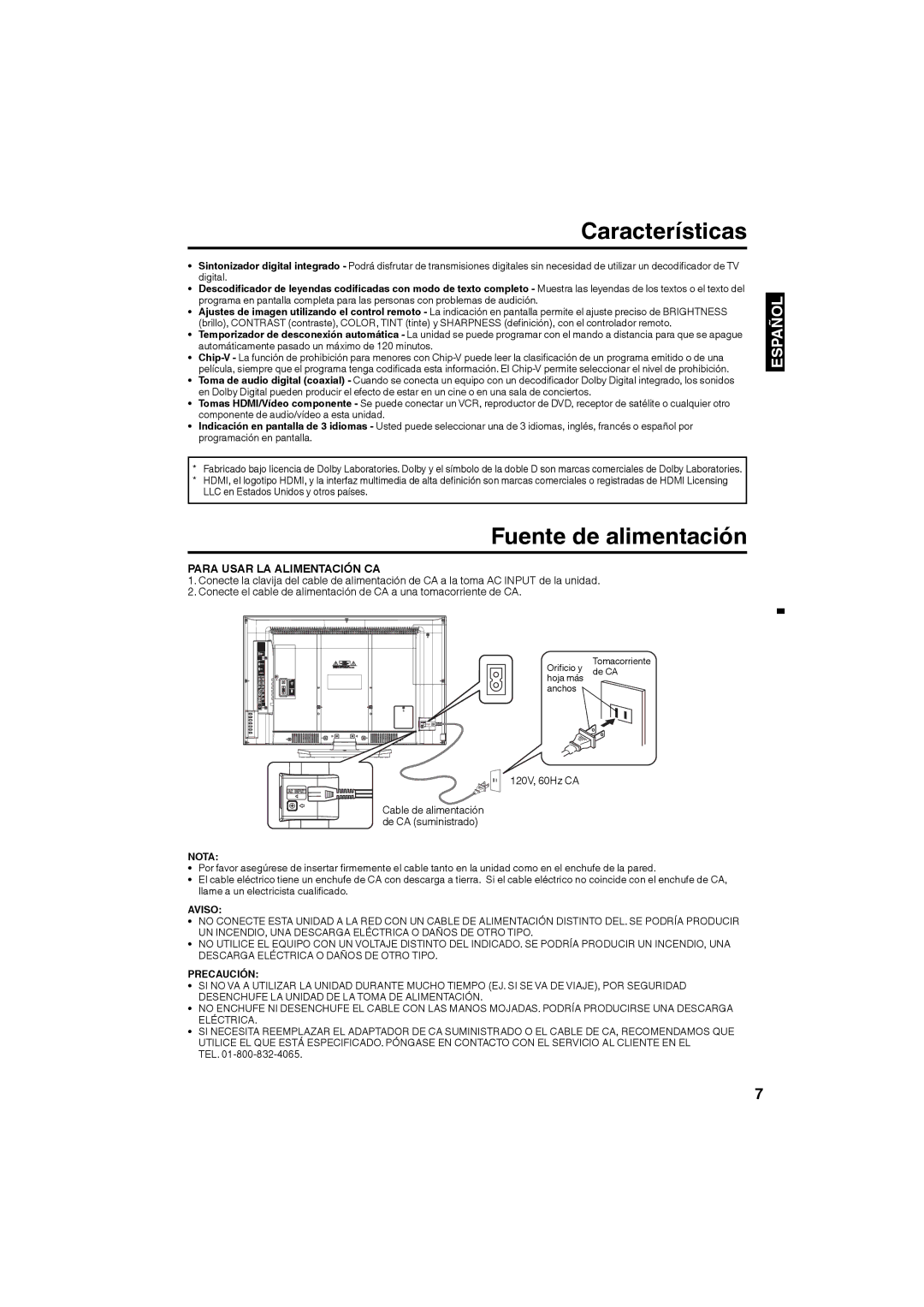 Sansui SLED3228 owner manual Características, Fuente de alimentación, Para Usar LA Alimentación CA 