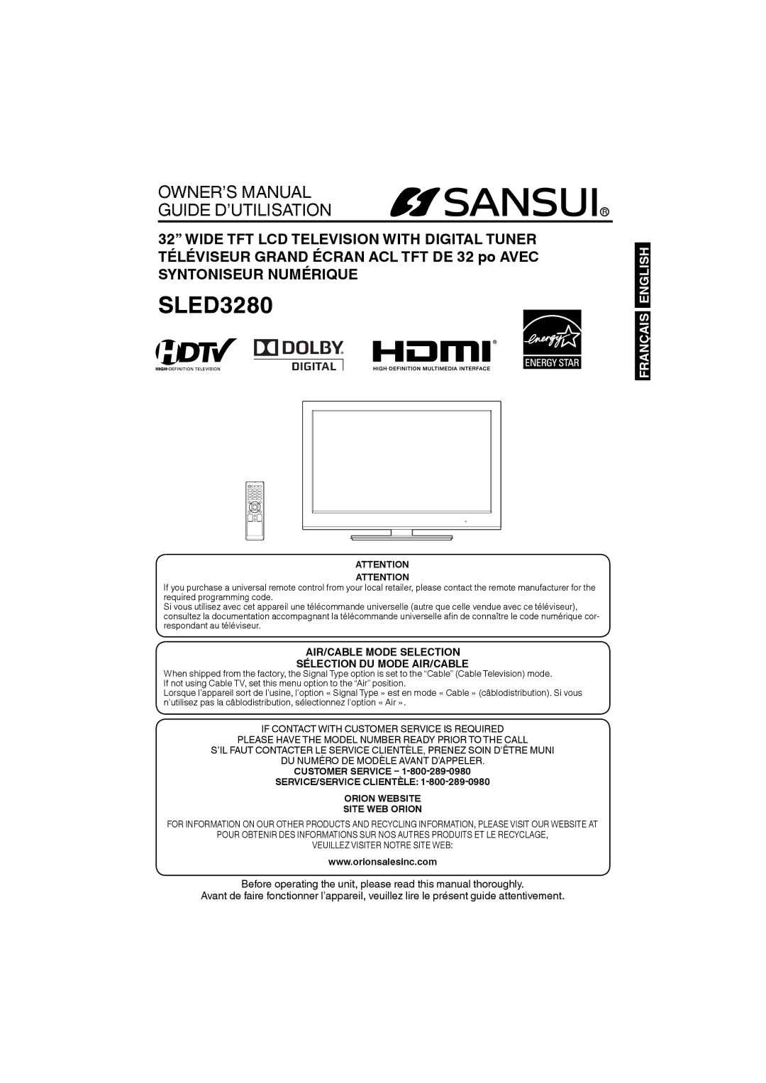 Sansui SLED3280 owner manual Customer Service, SERVICE/SERVICE Clientèle Orion Website Site WEB Orion 