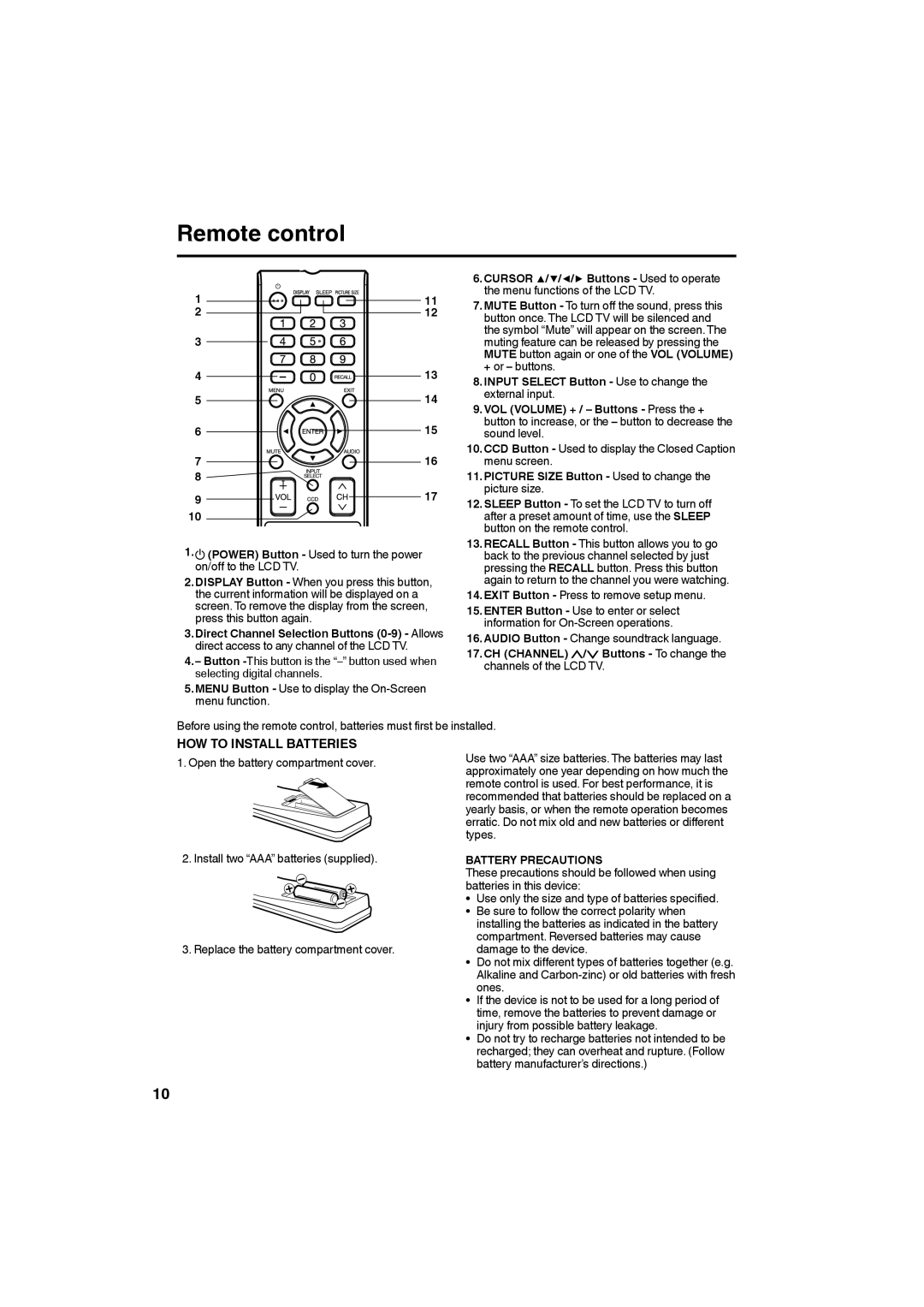 Sansui SLED3280 Remote control, Power Button Used to turn the power on/off to the LCD TV, CH Channel / Buttons To change 