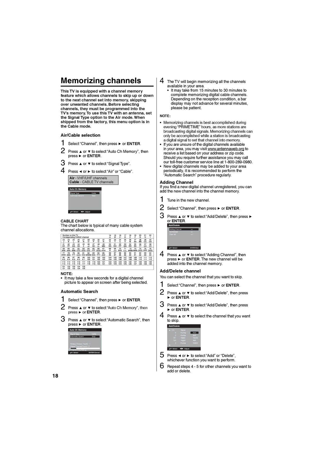 Sansui SLED3280 owner manual Memorizing channels, Air/Cable selection, Automatic Search, Adding Channel, Add/Delete channel 