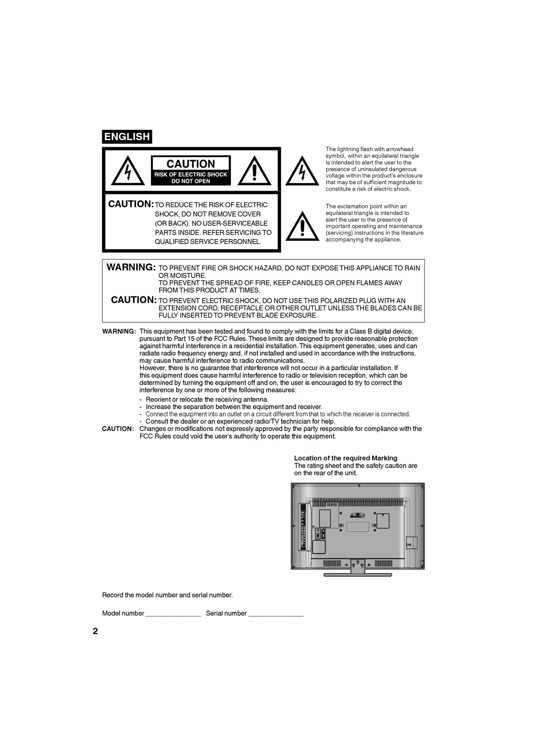 Sansui SLED3280 owner manual English, Location of the required Marking 