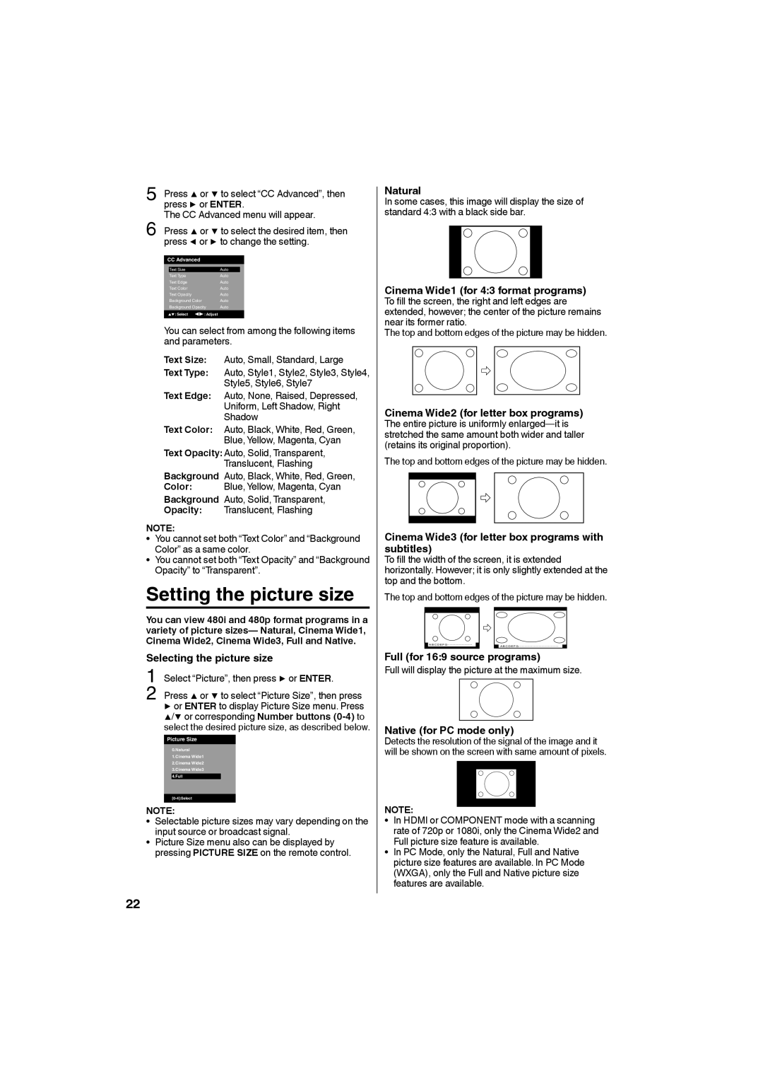 Sansui SLED3280 owner manual Setting the picture size 