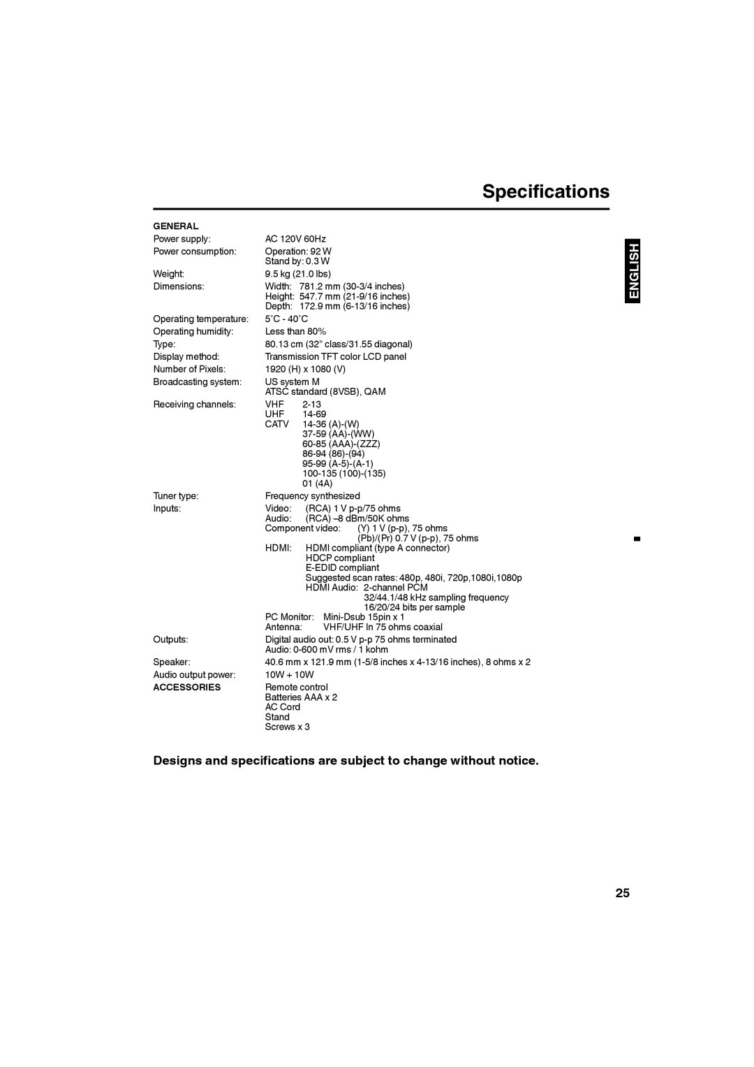 Sansui SLED3280 owner manual Specifications, General, Accessories 