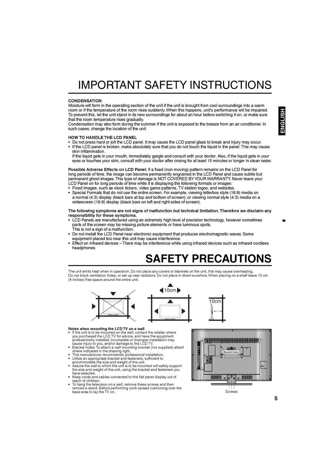 Sansui SLED3280 owner manual Condensation, HOW to Handle the LCD Panel 