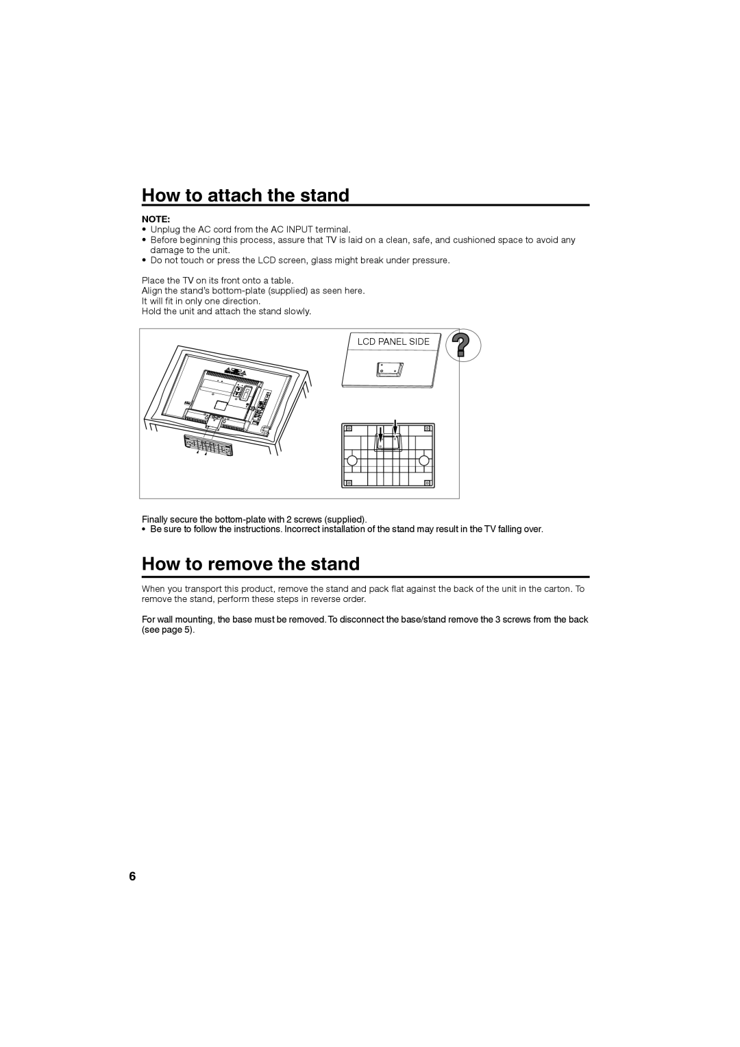 Sansui SLED3280 owner manual How to attach the stand, How to remove the stand 