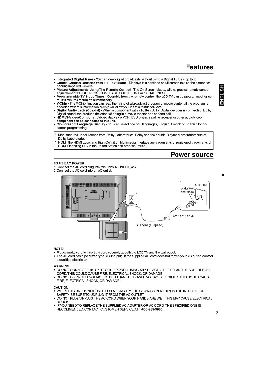 Sansui SLED3280 owner manual Features, Power source, To USE AC Power 