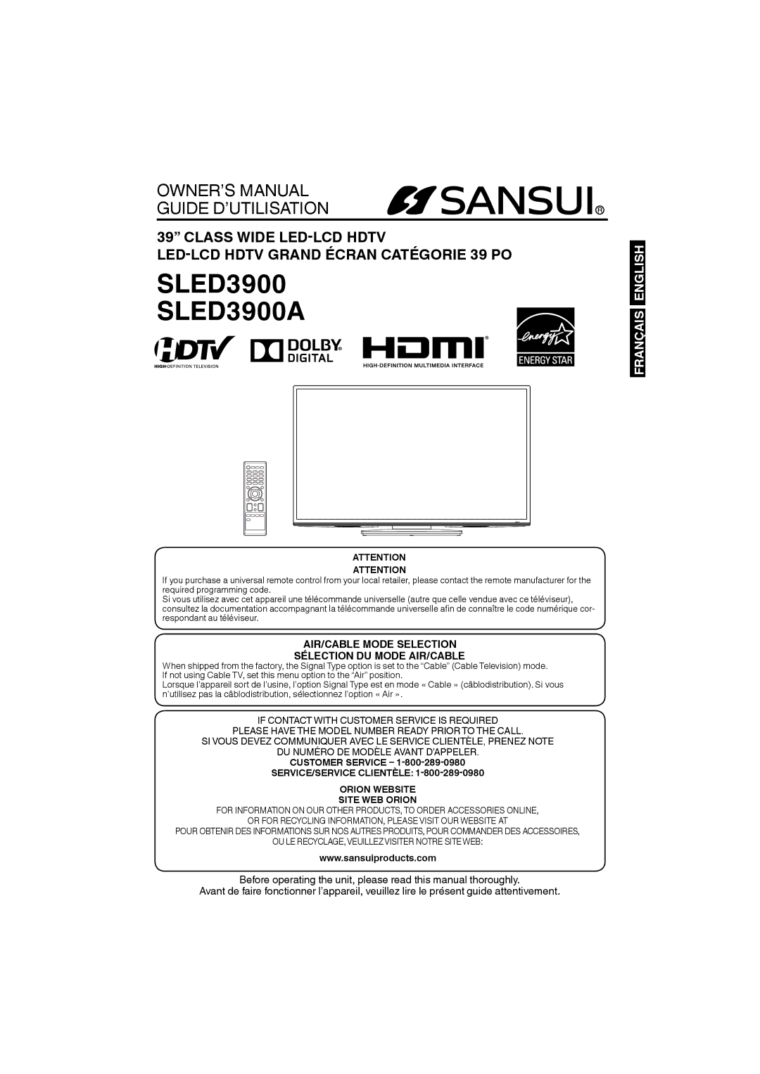 Sansui SLED3900A owner manual Customer Service, SERVICE/SERVICE Clientèle Orion Website Site WEB Orion 