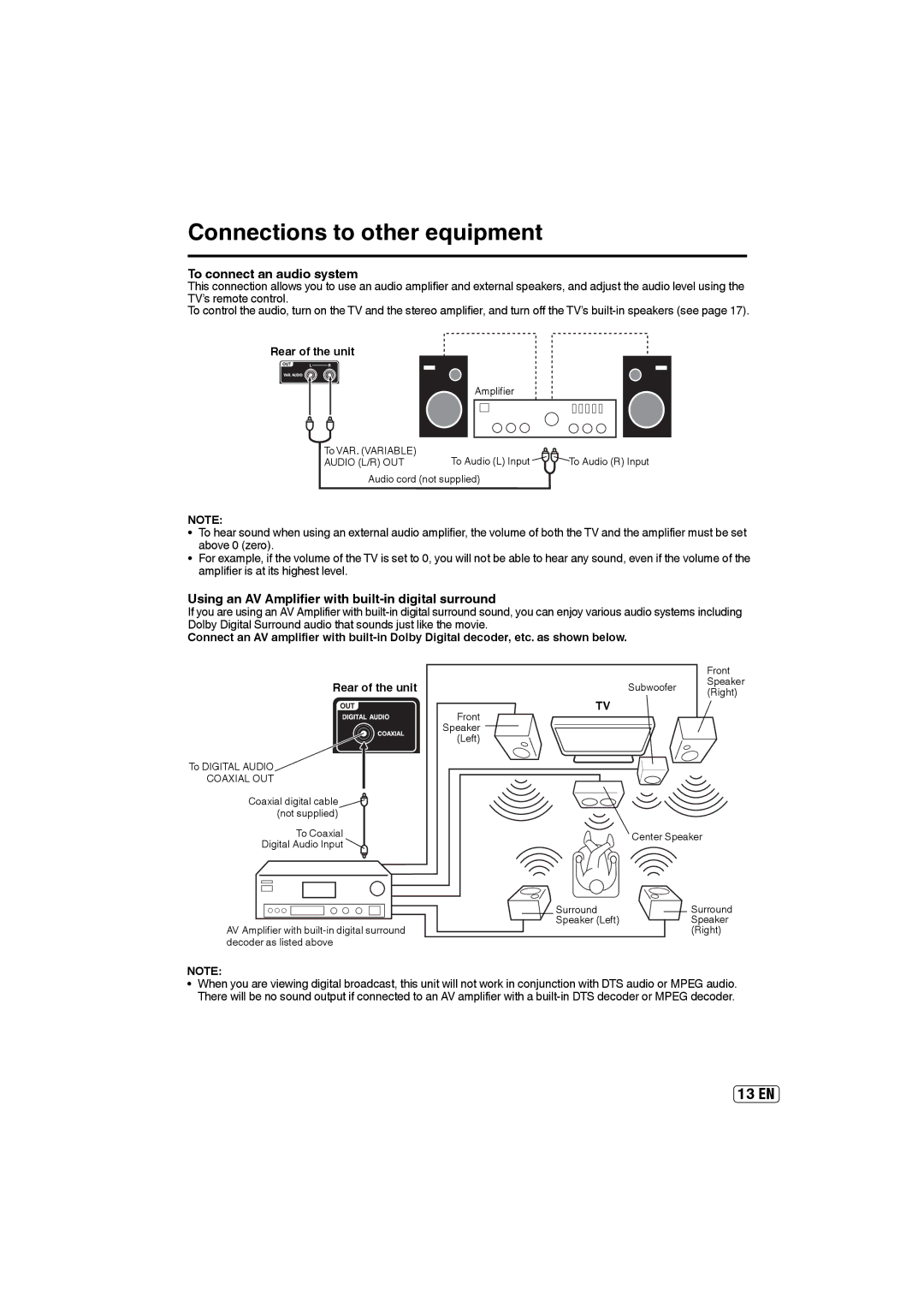 Sansui SLED3900A owner manual To connect an audio system, Using an AV Amplifier with built-in digital surround 