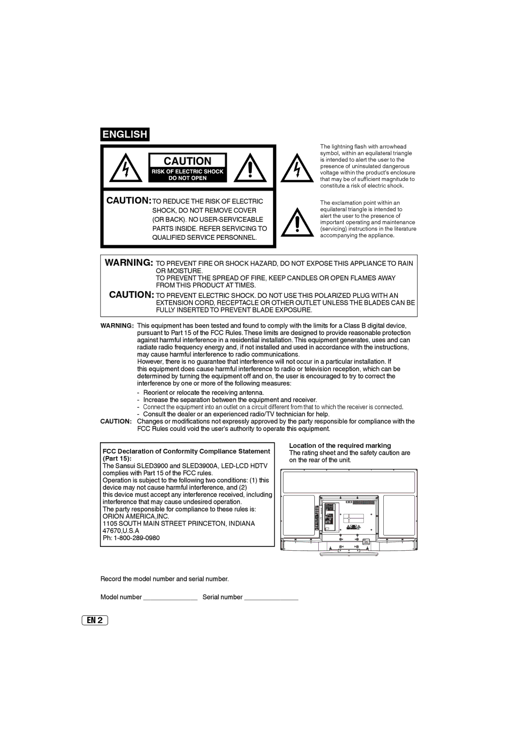 Sansui SLED3900A owner manual Part, On the rear of the unit, Orion AMERICA,INC South Main Street PRINCETON, Indiana 