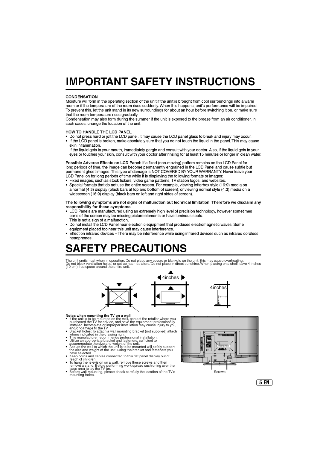 Sansui SLED3900A owner manual Condensation, HOW to Handle the LCD Panel 