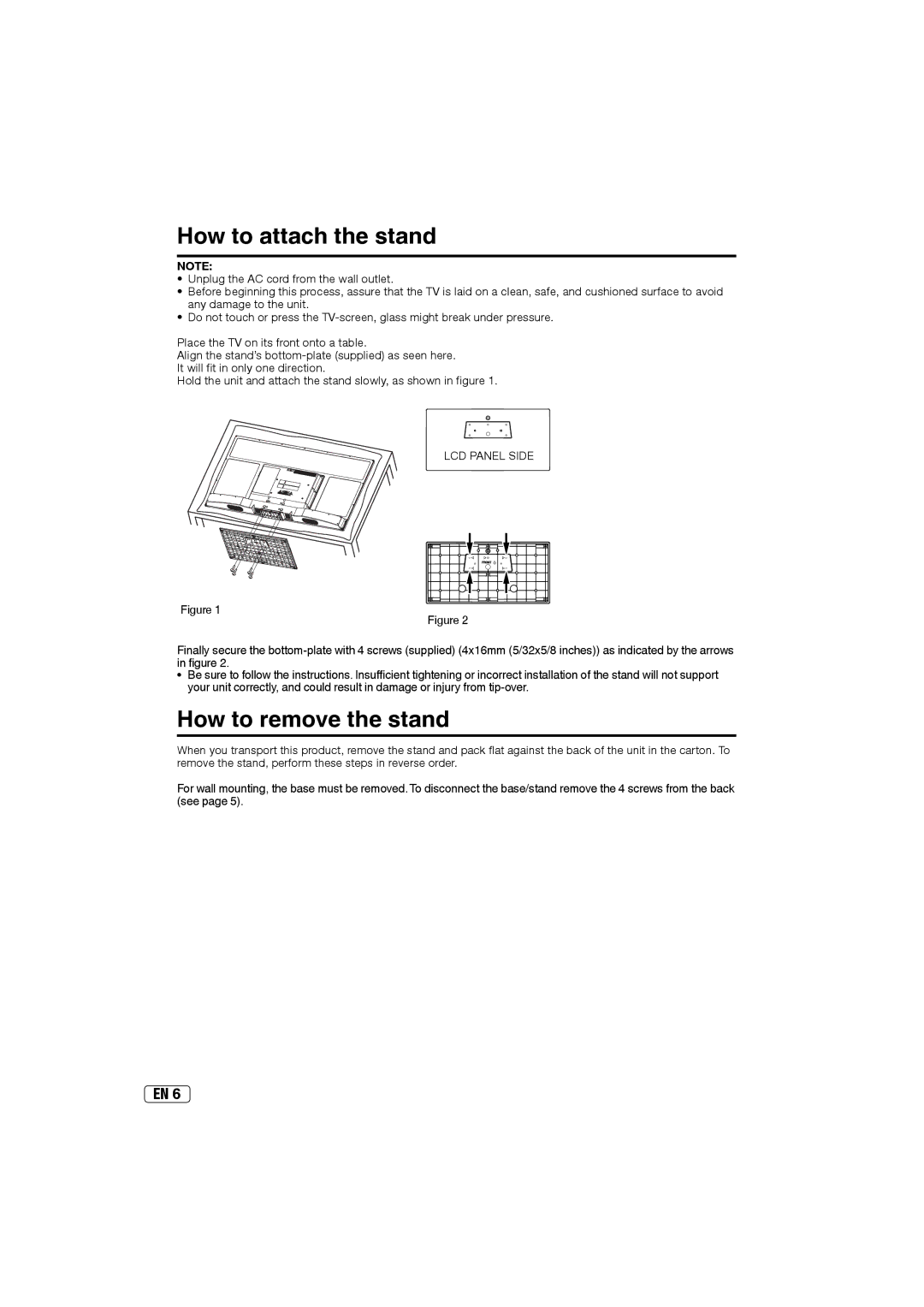 Sansui SLED3900A owner manual How to attach the stand, How to remove the stand, LCD Panel Side 