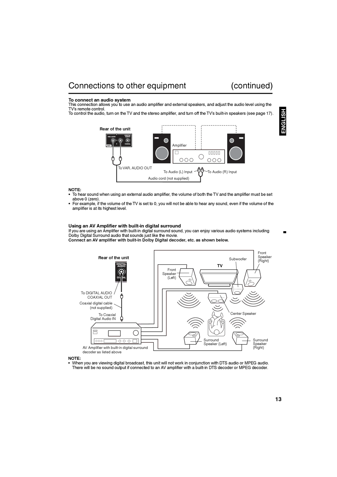 Sansui SLED4680, SLED4280 owner manual To connect an audio system, Using an AV Amplifier with built-in digital surround 