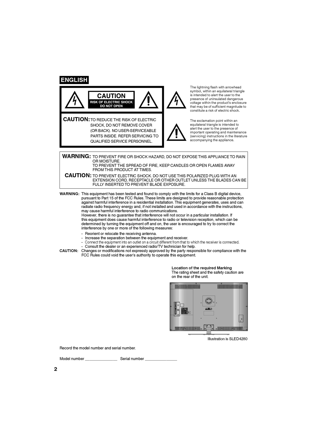 Sansui SLED4280, SLED4680 owner manual English, Location of the required Marking 