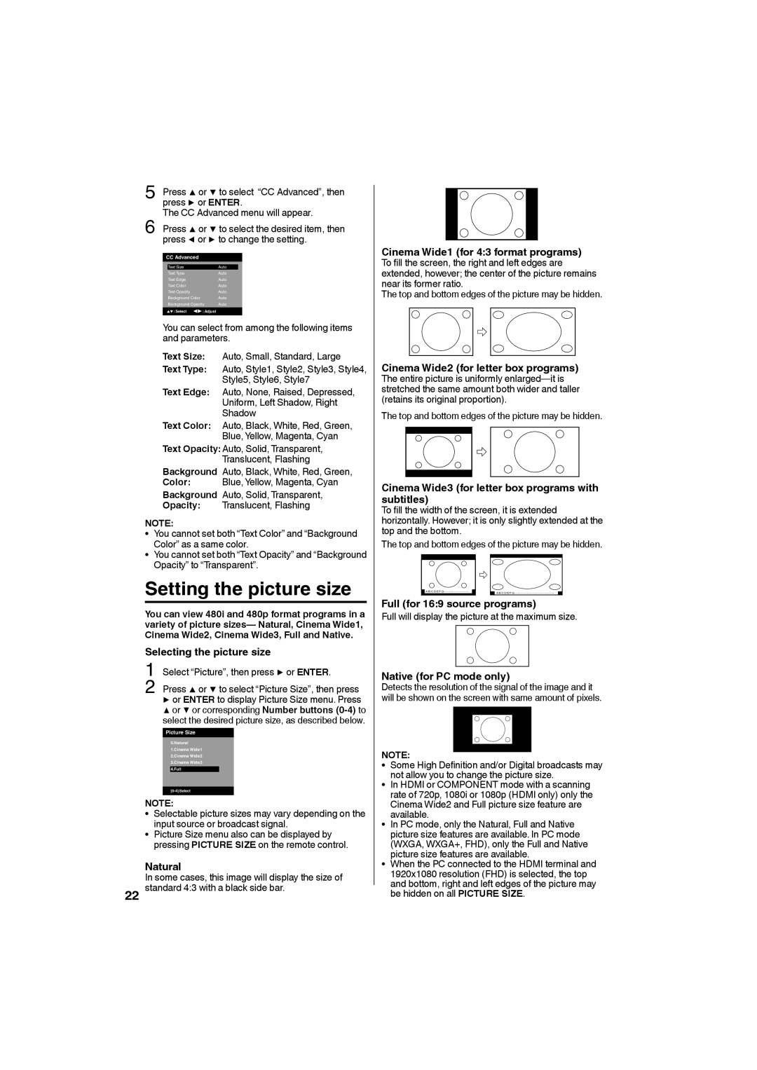 Sansui SLED4280, SLED4680 owner manual Setting the picture size 