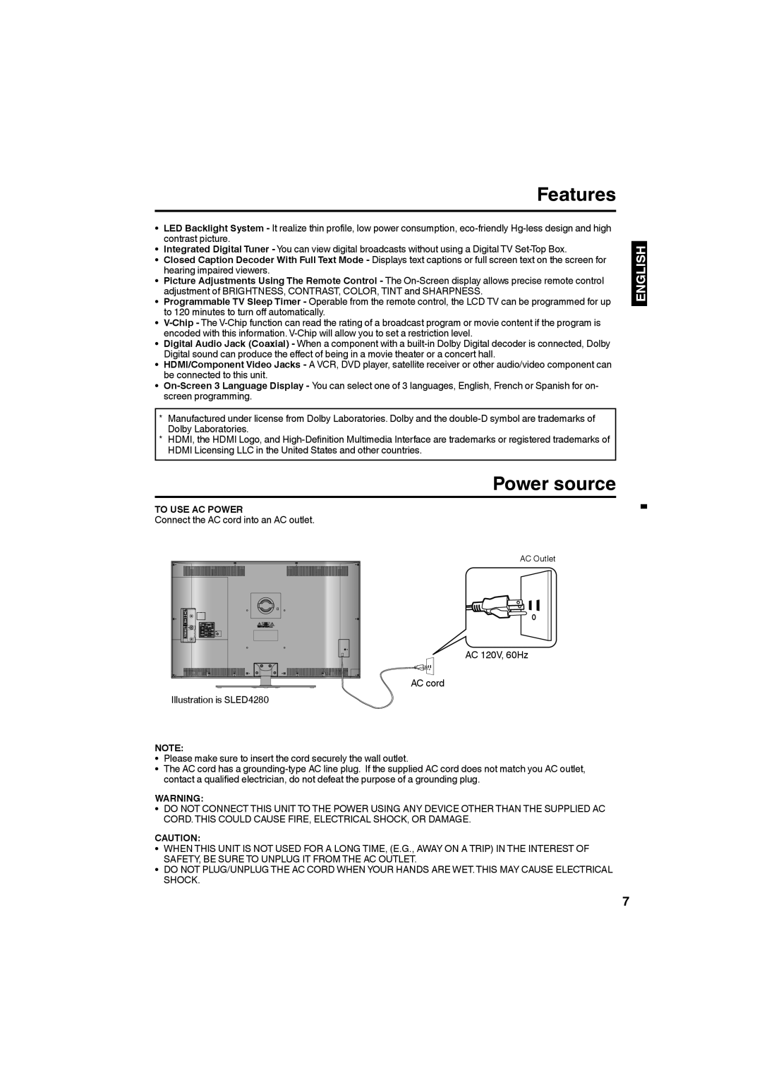 Sansui SLED4680, SLED4280 owner manual Features, Power source, To USE AC Power, Connect the AC cord into an AC outlet 