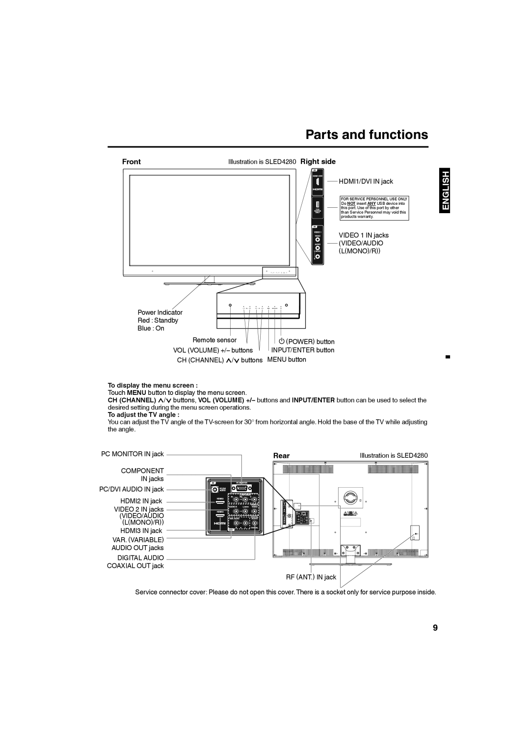 Sansui SLED4680, SLED4280 owner manual Parts and functions, Front, Rear, CH Channel 