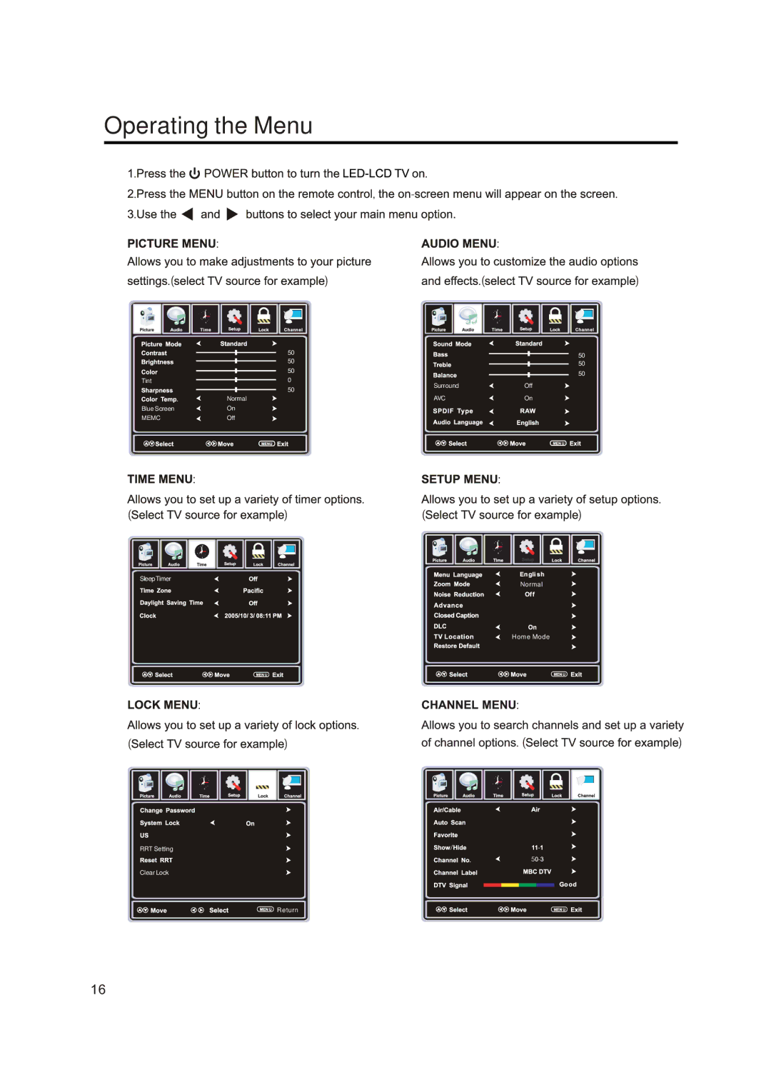 Sansui SLED4650 manual Operating the Menu 