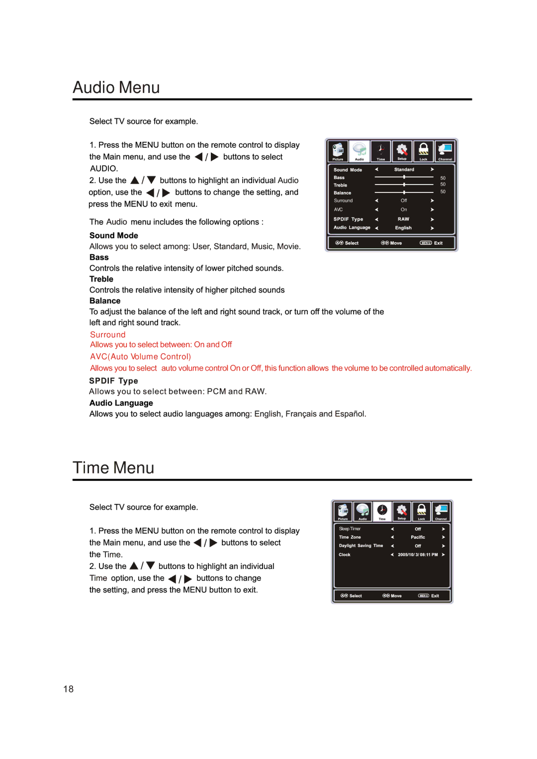 Sansui SLED4650 manual Audio Menu, Time Menu 