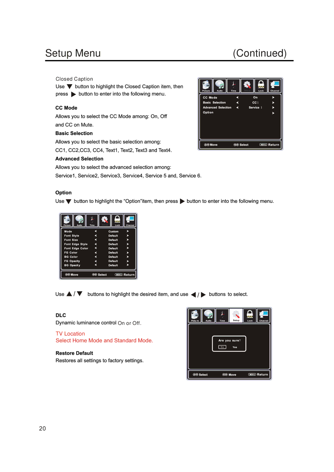 Sansui SLED4650 manual Setup Menu 