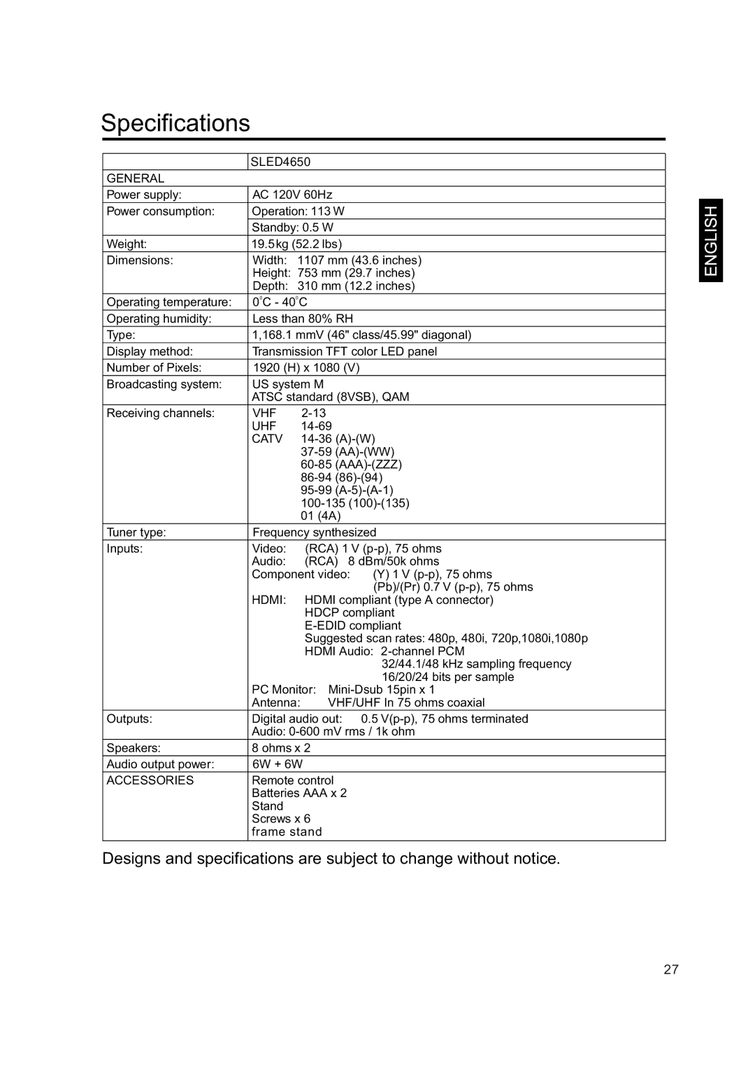 Sansui SLED4650 manual Specifications 