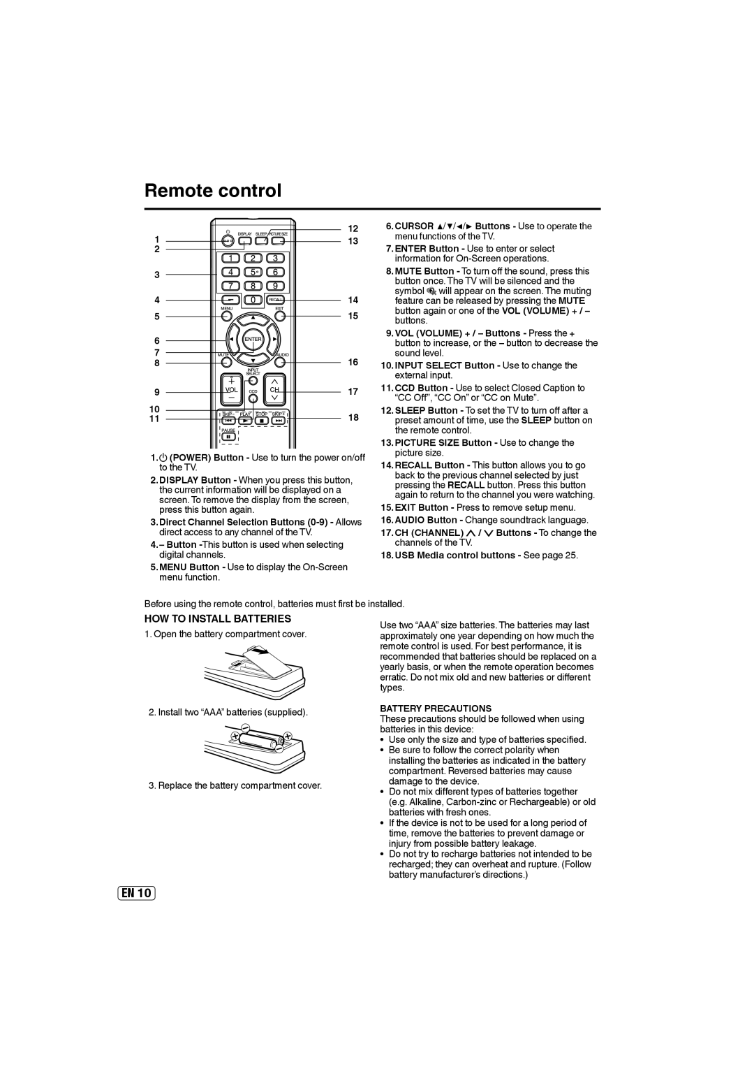 Sansui SLED5000 owner manual Remote control, Battery Precautions 