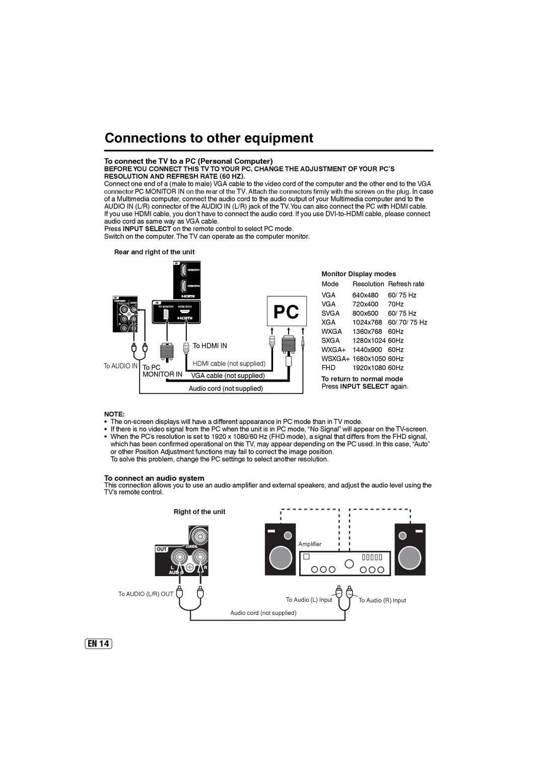 Sansui SLED5000 owner manual To connect the TV to a PC Personal Computer, To connect an audio system, Monitor Display modes 