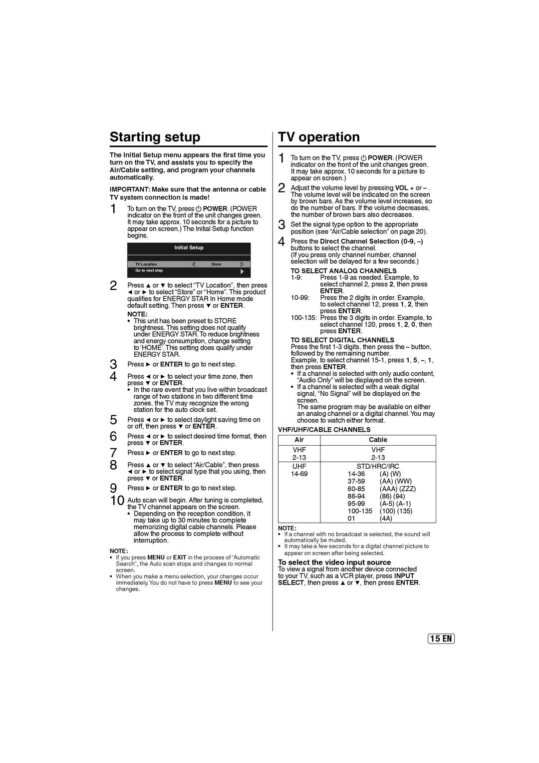 Sansui SLED5000 owner manual Starting setup, TV operation, To select the video input source 