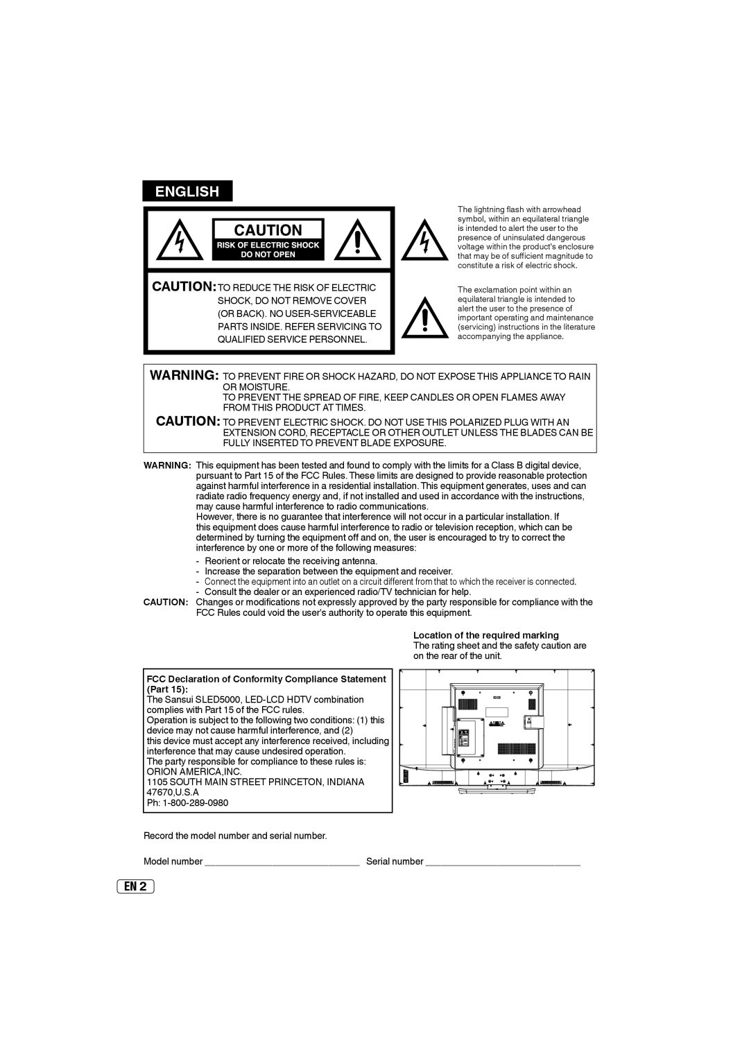 Sansui SLED5000 owner manual Location of the required marking, FCC Declaration of Conformity Compliance Statement Part 