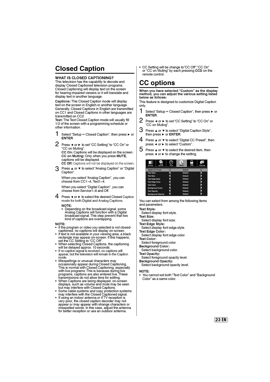 Sansui SLED5000 owner manual Closed Caption, CC options 