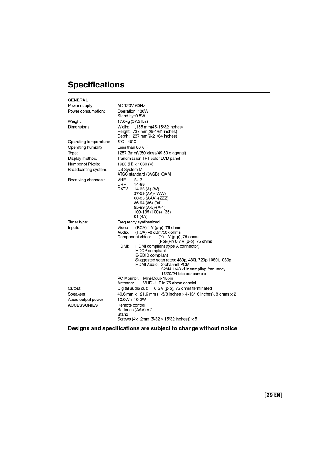 Sansui SLED5000 owner manual Specifications, General, Vhf Uhf, Catv, Accessories 