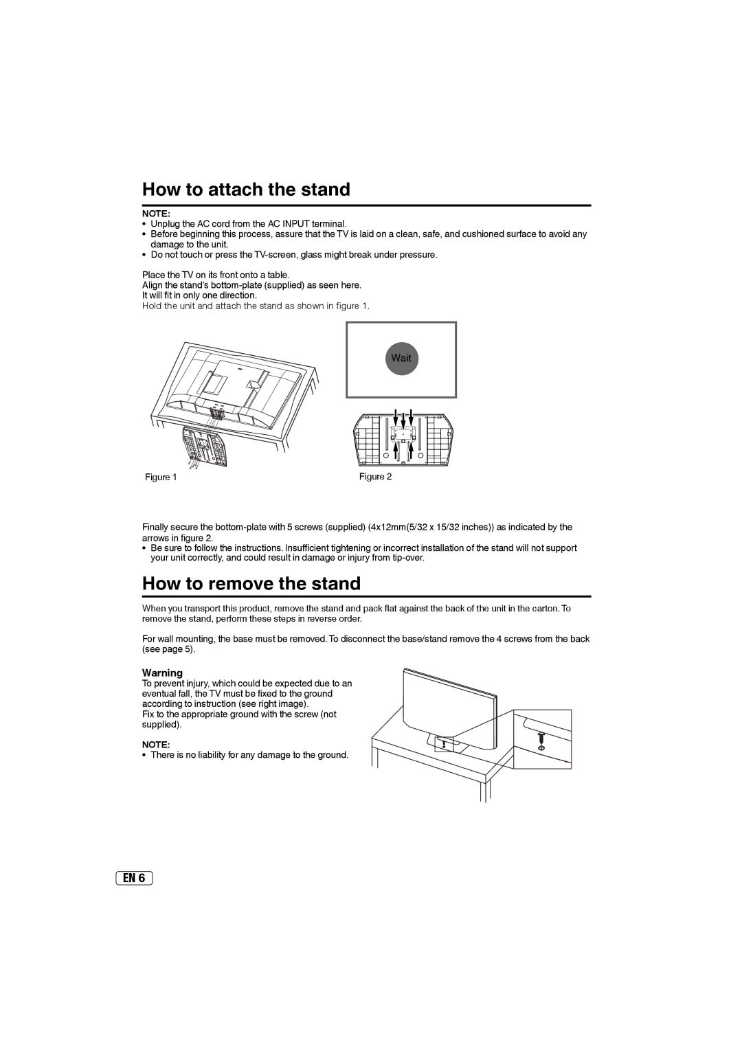 Sansui SLED5000 owner manual How to attach the stand, How to remove the stand 