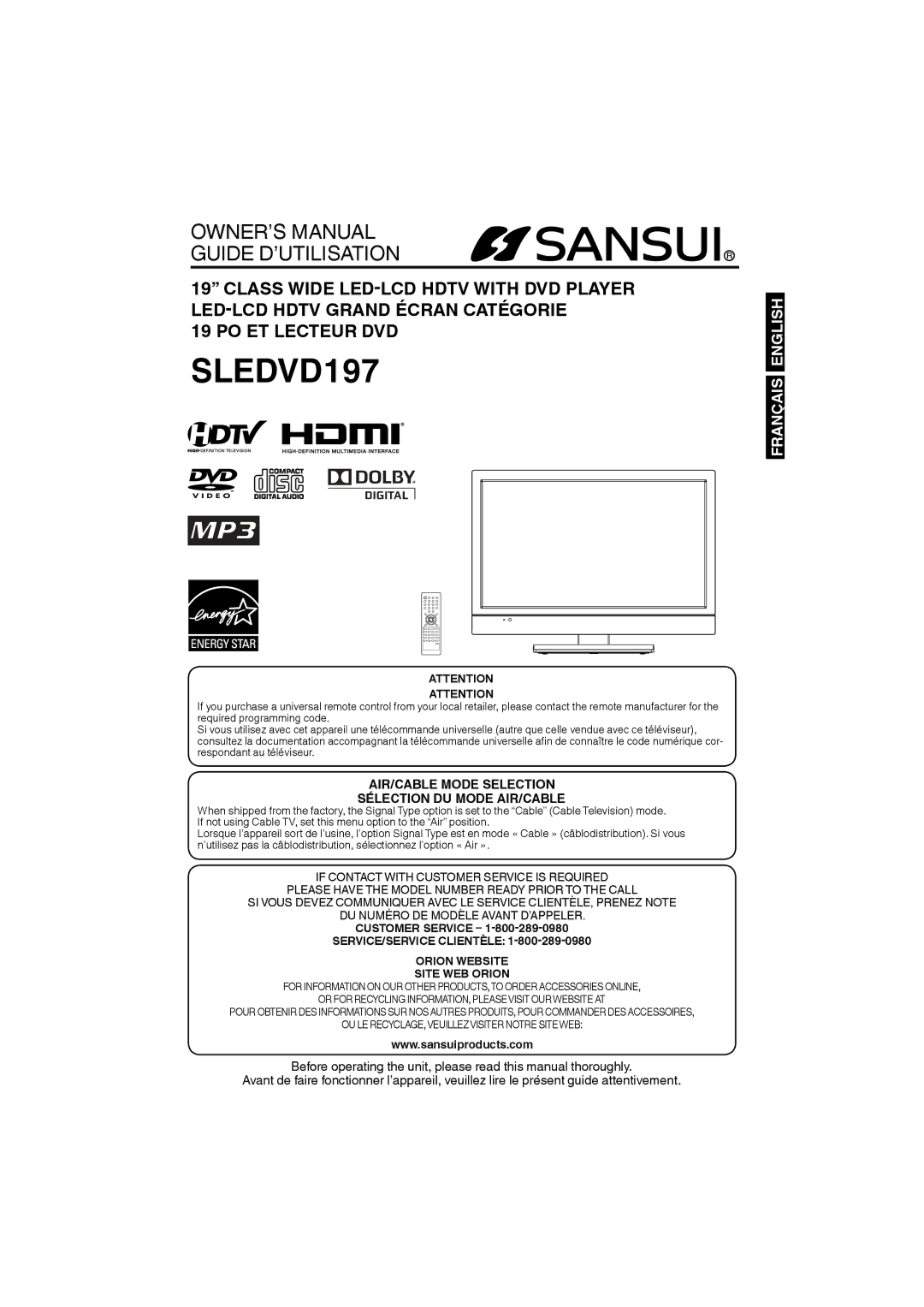 Sansui SLEDVD197 owner manual Customer Service, SERVICE/SERVICE Clientèle Orion Website Site WEB Orion 