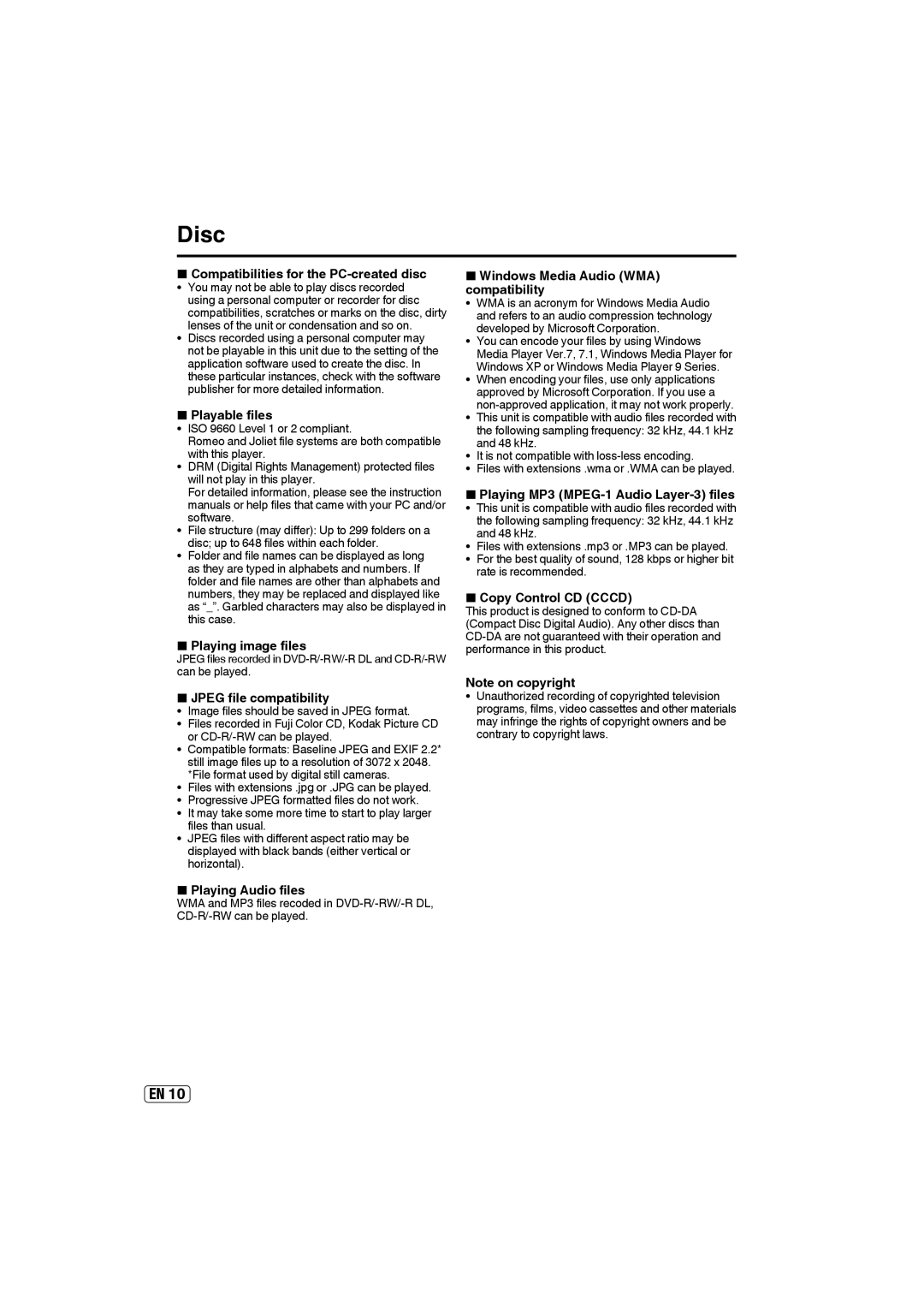 Sansui SLEDVD197 Compatibilities for the PC-created disc, Playable files, Playing image files, Jpeg file compatibility 