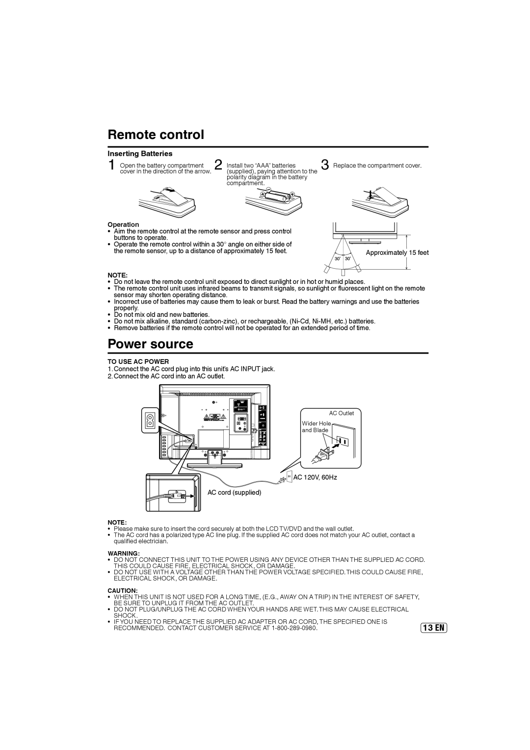 Sansui SLEDVD197 owner manual Power source, Inserting Batteries, Operation, To USE AC Power 