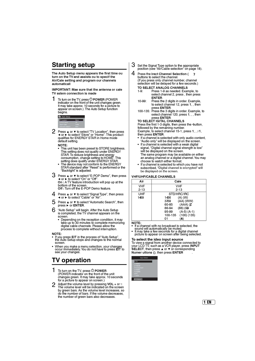 Sansui SLEDVD197 owner manual TV operation, To select the video input source 