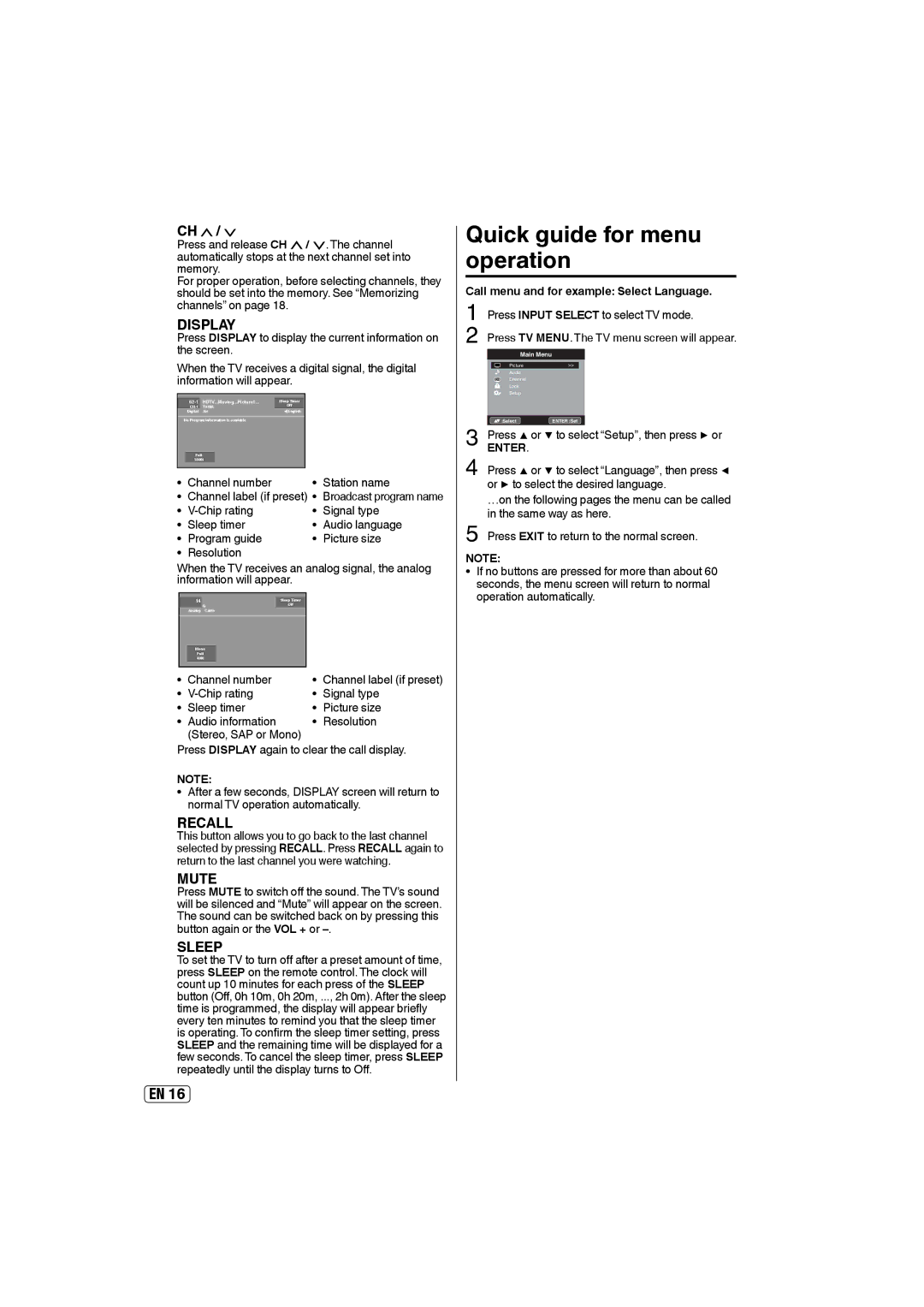 Sansui SLEDVD197 Quick guide for menu operation, Channel number Station name, Call menu and for example Select Language 