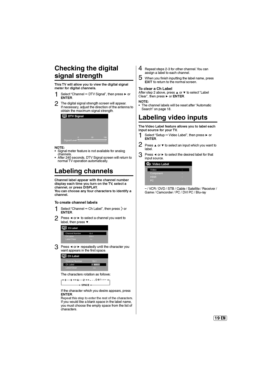 Sansui SLEDVD197 Checking the digital signal strength, Labeling channels, Labeling video inputs, To create channel labels 