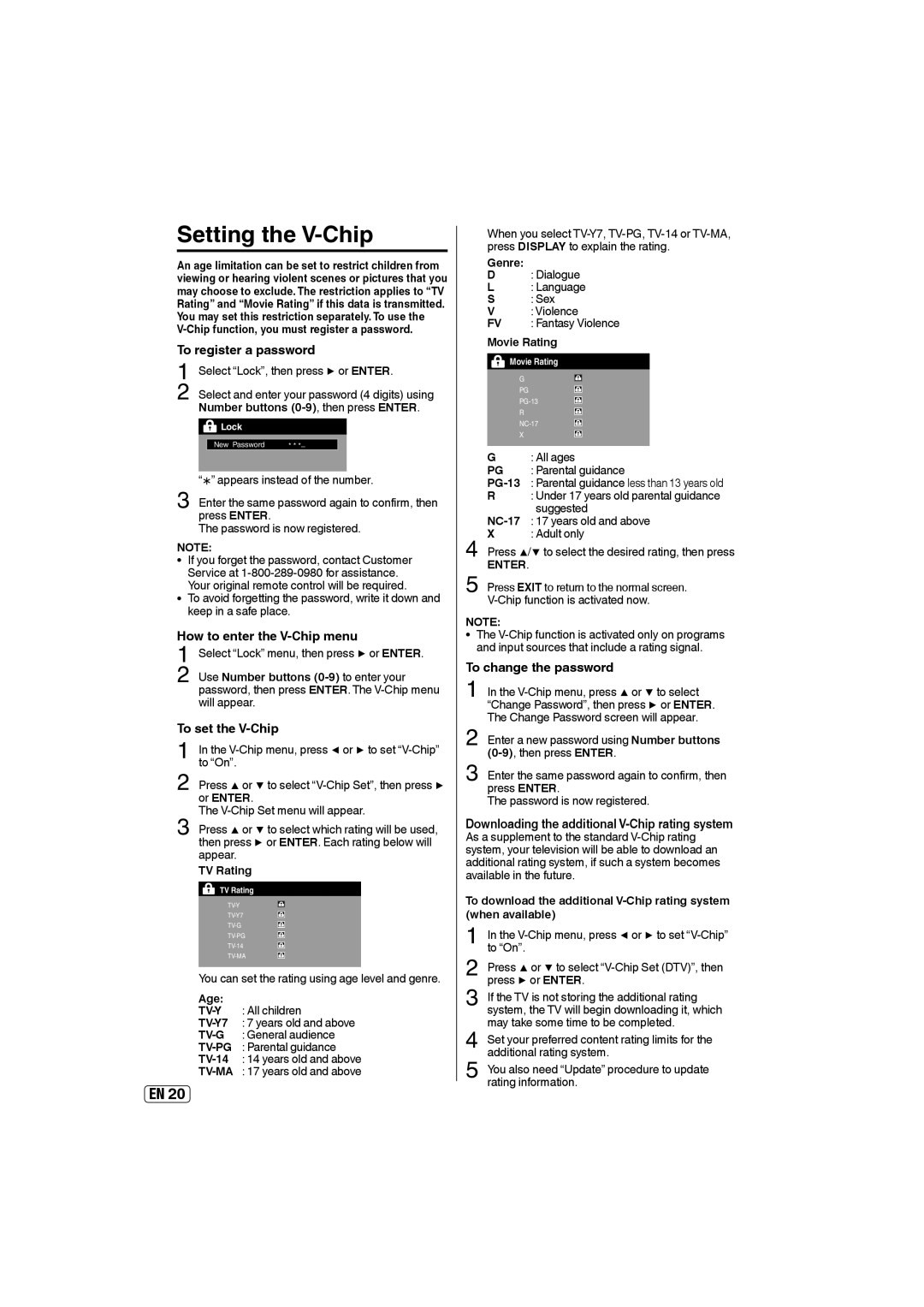 Sansui SLEDVD197 owner manual Setting the V-Chip, To register a password, How to enter the V-Chip menu, To set the V-Chip 