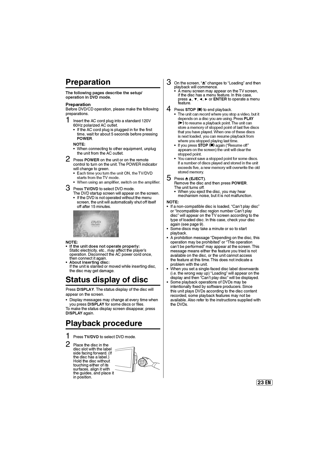 Sansui SLEDVD197 owner manual Preparation, Status display of disc, Playback procedure 